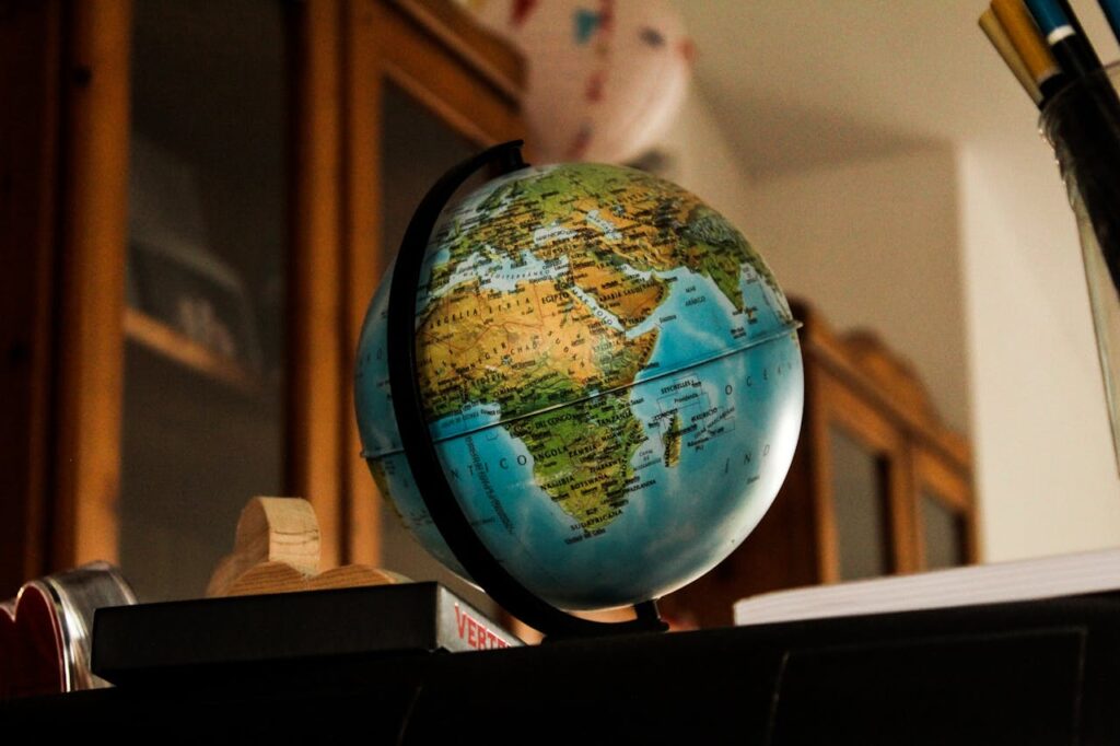 A detailed globe showcasing Africa is displayed indoors, perfect for educational or travel themes.